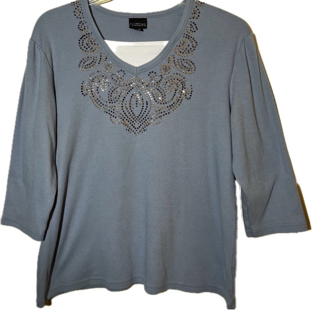 🍄Women’s Morning Sun Blue Sequin Embellished 3/4 Sleeve Top Blouse Shirt XL